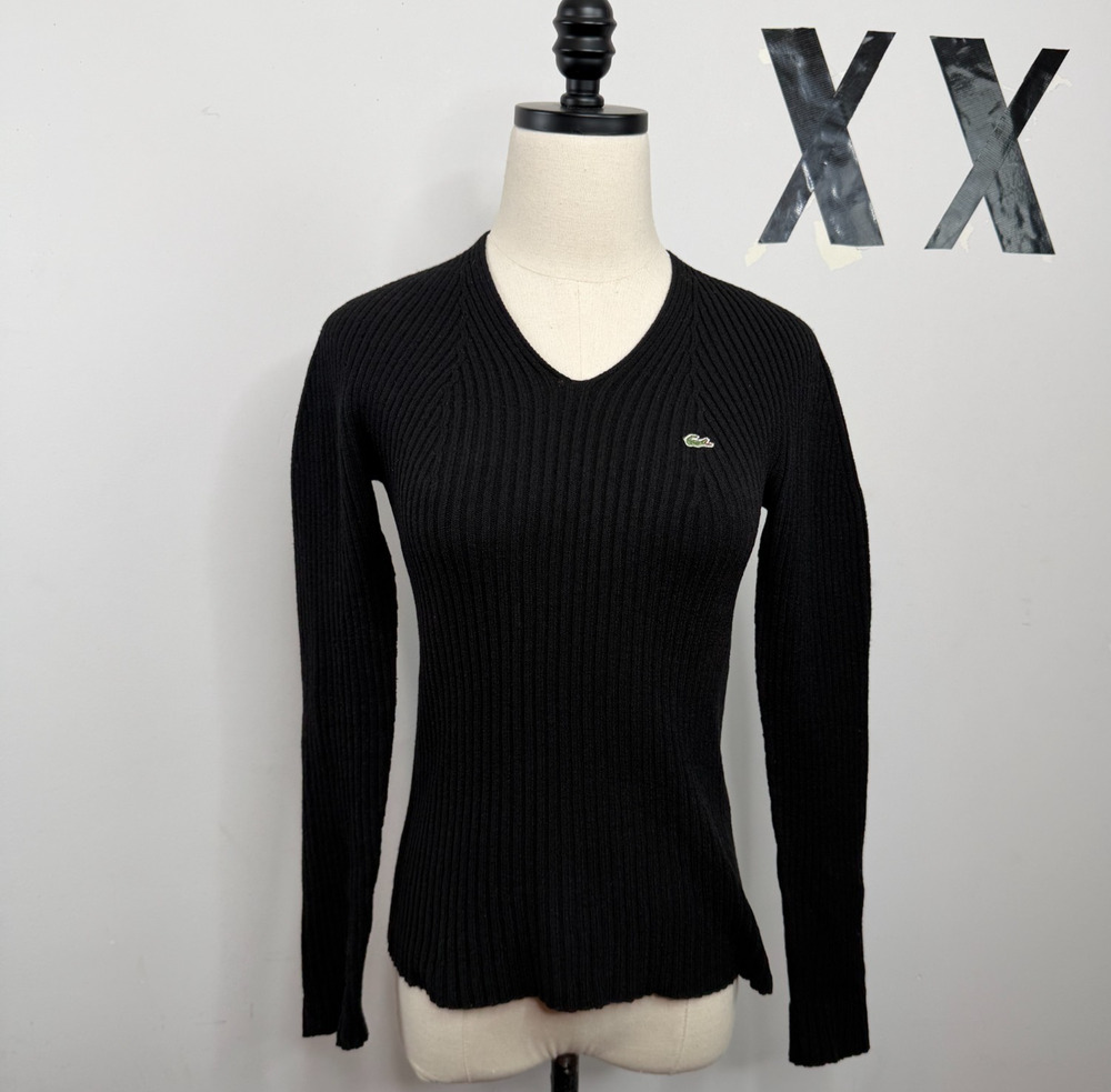 Vintage 90s Lacoste Black Wool Ribbed V Neck Fitted Sweater Made in France 38 6